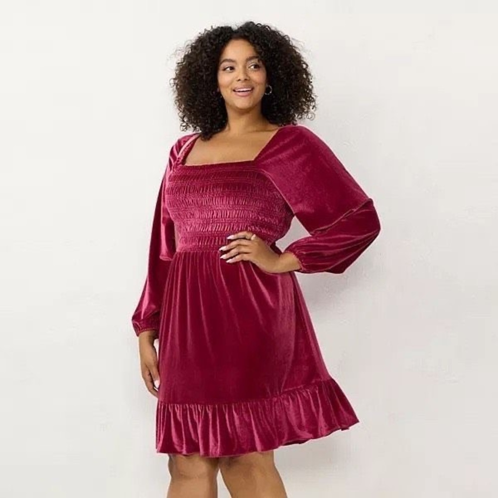 LC Lauren Conrad smocked flounce hem velvet dress boho size XL